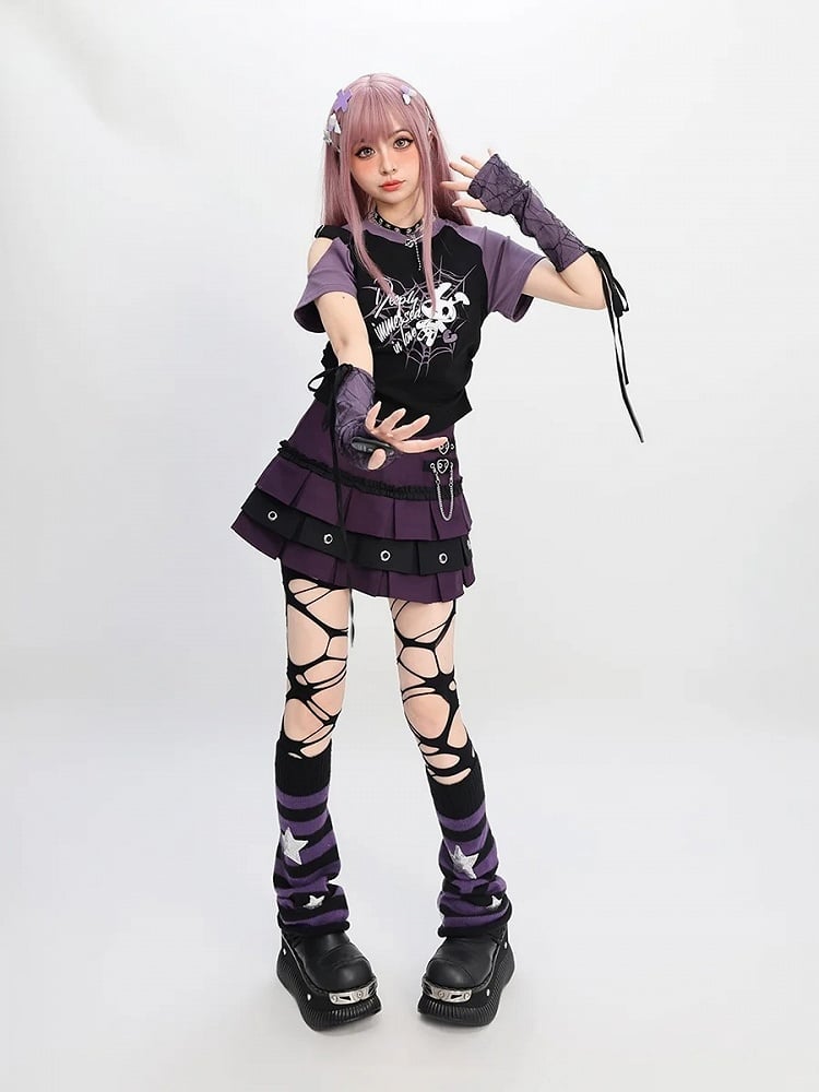 Free Red/Pink/Purple with T-Shirt Print Sleeves Y2K Cutout Shoulder Spiderweb