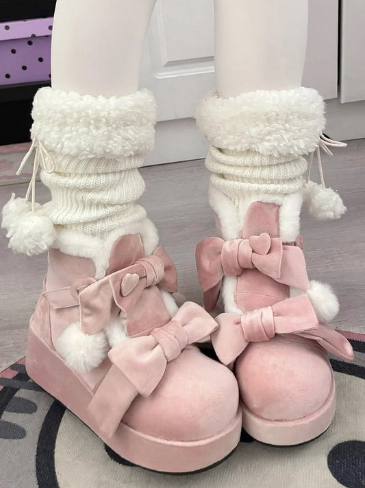 - Lolita Süße Plateaustiefel Pompon Winter Charm Pink
