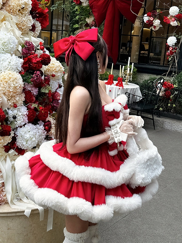 Red Christmas Snowflake Bows Bodice Plush Trimming Strapless Dress