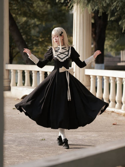 Robe noire élégante à manches Juliette, style lolita, manches longues, une pièce