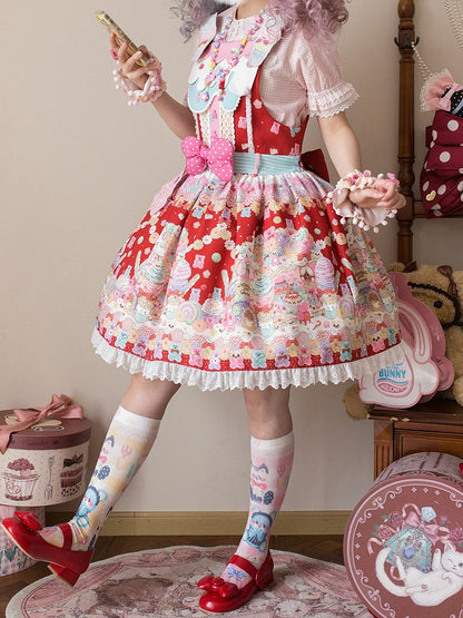 Overall Sweet Desserts Red Gummy Print and Bear Lolita Dress