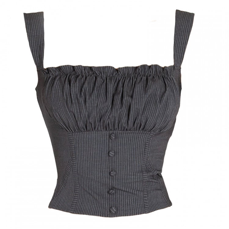 Dark Gray Stripes Pattern Ruffled Square Neck Glamorous Cropped Sleeveless Top
