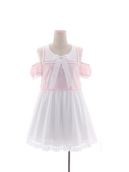 Collar Pink/Blue Bunny Ear and Tail Detail Sailor Chiffon Back