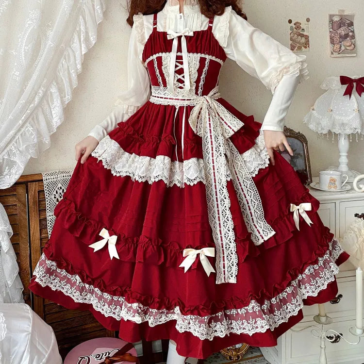 Pink Lolita Style Adjustable Ruffle Red Skirt Straps Dress House Jumper