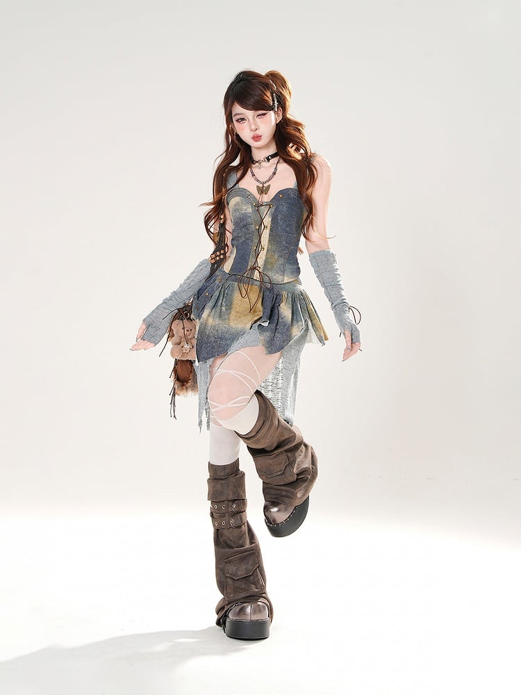 Three - Set Blue Oil Painting Pieces Lace-up Front Hooded Top +