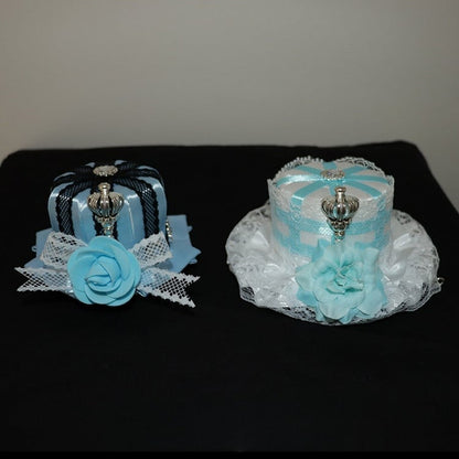 Blue/White Floral Crown Mini And Design Decorated Hat Rhinestone