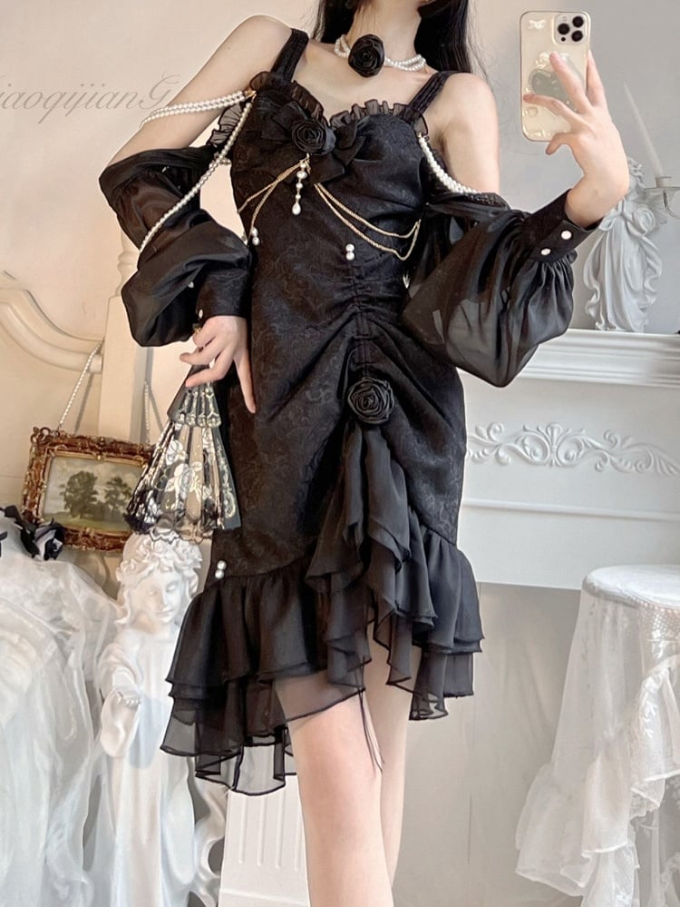 Bead Jacquard Ruffle Camellia Black Lolita Mermaid Decoration Detail JSK Rose Hemline
