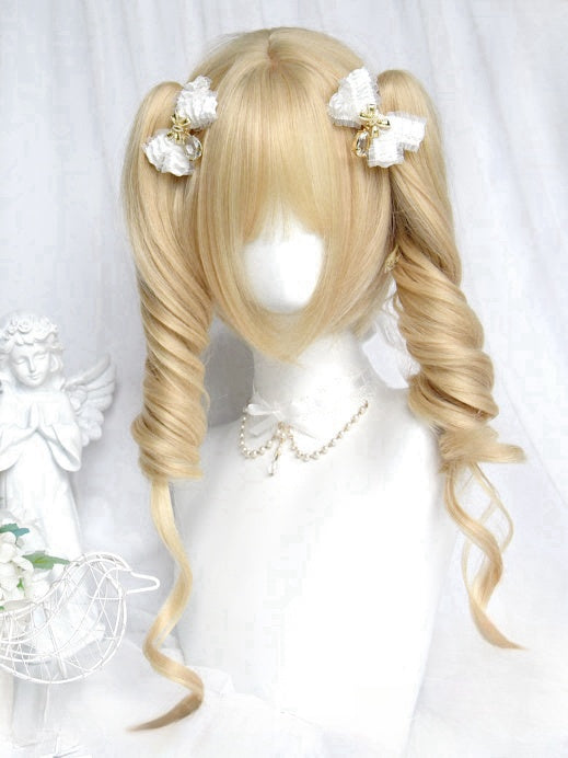 Blonde Short Bob Cut Wig With Bangs＋Double Curly Ponytail Claw Clips