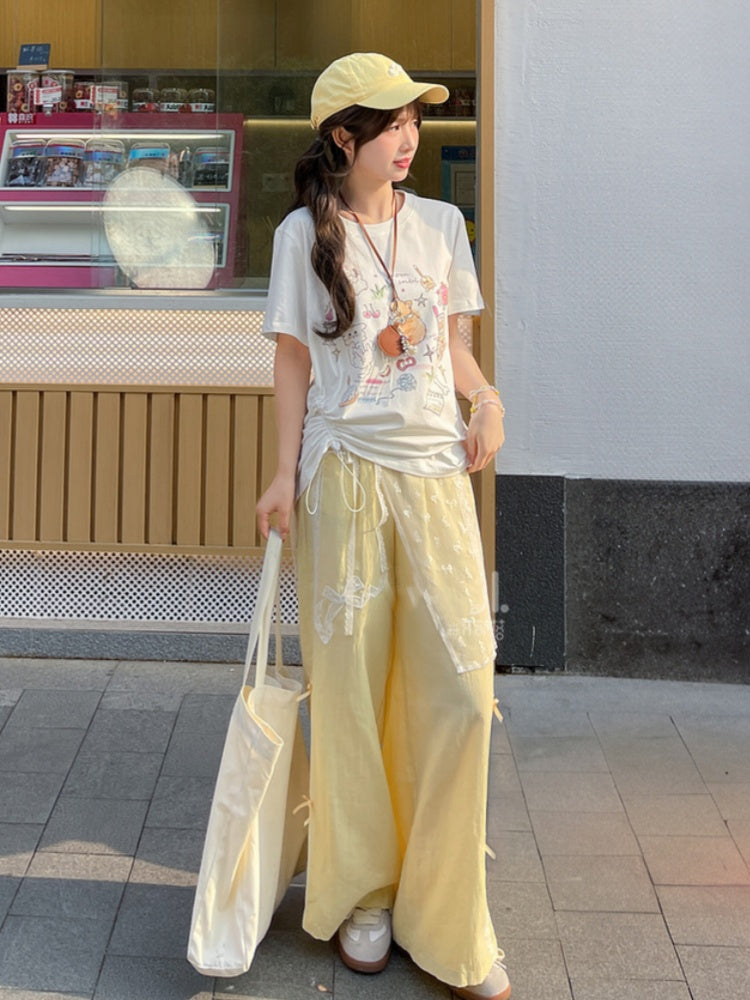 Bowknot Embroidery Wide-Leg Pants Yellow Regular/Short Version Waist High