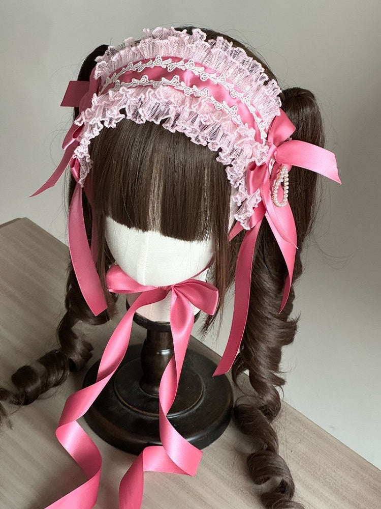 Sweet Lace Pink with Hairband Ribbon Lolita Bowknots Accents and Beaded Heart