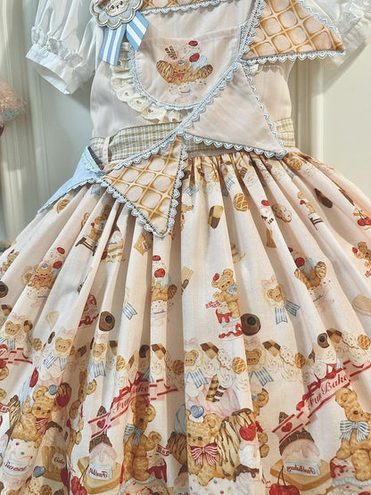 Beige Sweet Teddy Bear and Dessert Lolita Overall Dress