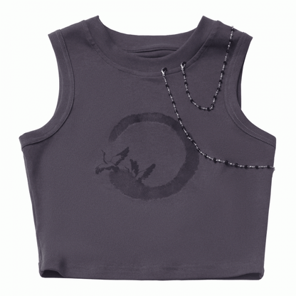 Dark Gray Crane Print Cropped Detachable Tank Top Chains with Beaded