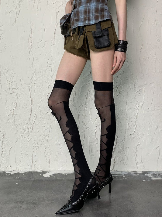 Semi-shee Anchor Rudder Print Over Y2K Knee and Stockings Black