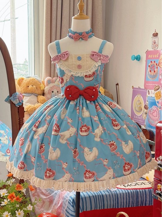 Lolita Blue Print Showa Sweet Cake Fashion Cherry and Dress Kitty