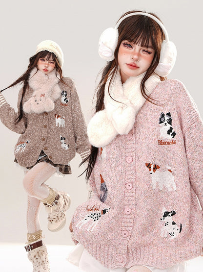 Pink/Coffee Cute Puppies Round Neck Loose Cardigan