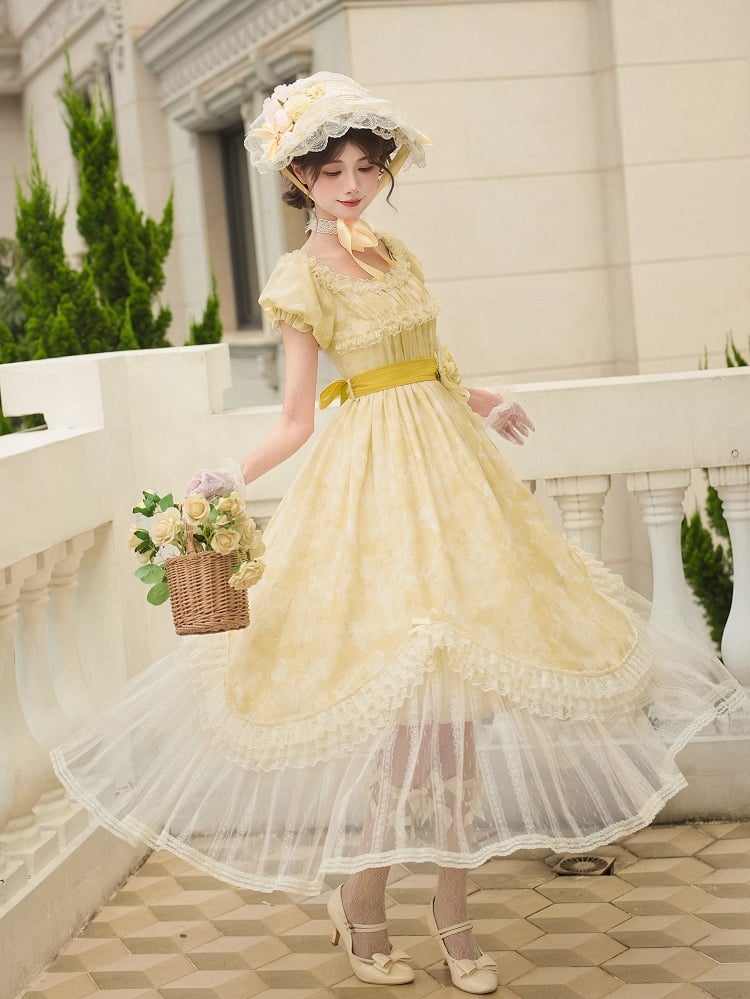 Light and Dress High Waist Lolita Butterfly Neckline Versatile Yellow Bows Print