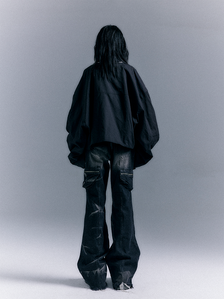 Washed Zippered Flare Black-Grey Studs Jeans Pockets Punk With