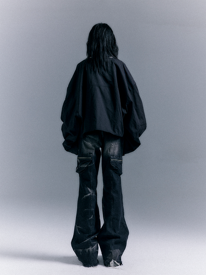 Washed Zippered Flare Black-Grey Studs Jeans Pockets Punk With