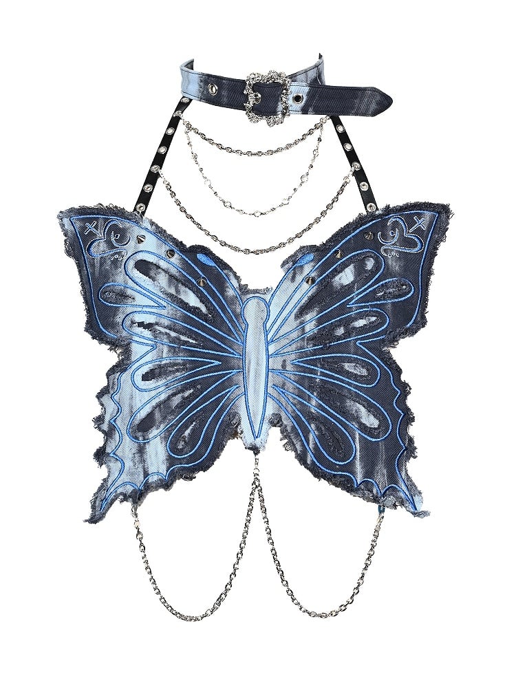 Grunge Punk Rock Fairycore Blue Tie Dye Butterfly Halter Neck Top Studs