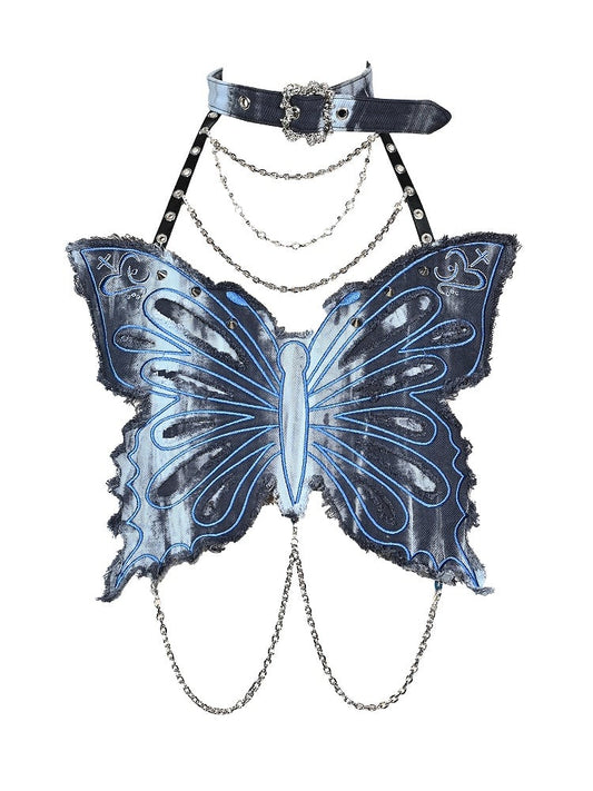 Rock Dye Butterfly Halter Punk Grunge Neck Tie Fairycore Blue Top