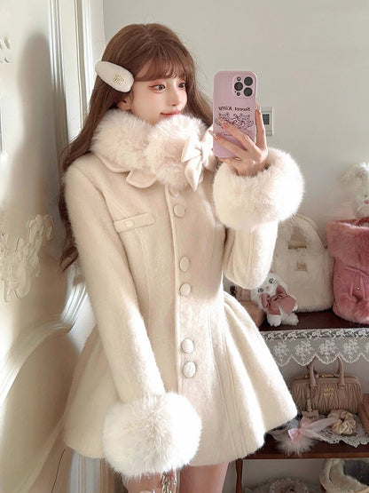Bow Faux White Coat Fur Oversized Detachable With