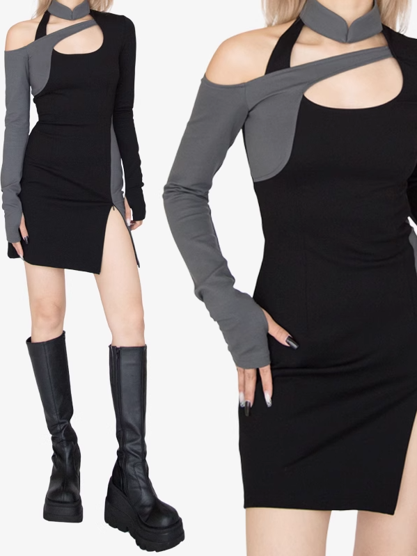 Robe glamour cyberpunk noire et grise à col à bandes et détails découpés avec fente latérale