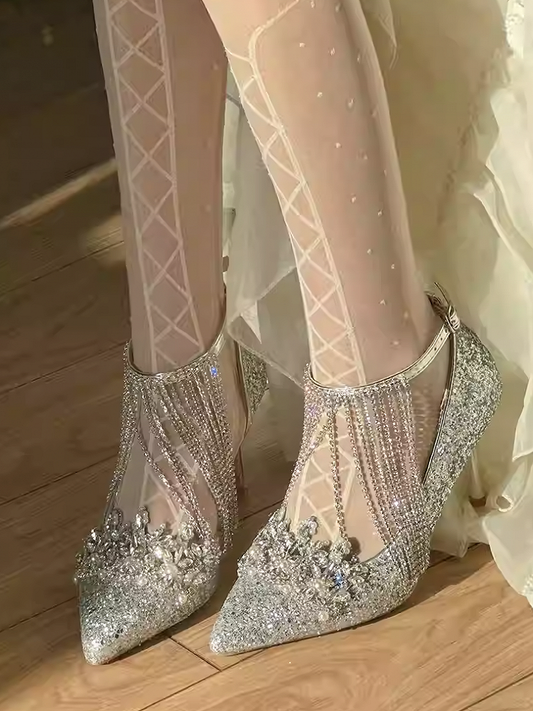 Silver Pointed Toe Rhinestone Sequin High Heels with Tassel
