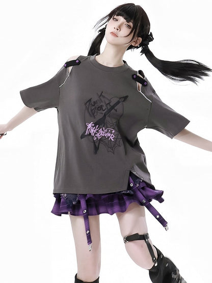 Purple Y2K Dye Denim Skirt Tie Plaid Hem Distressed Holes