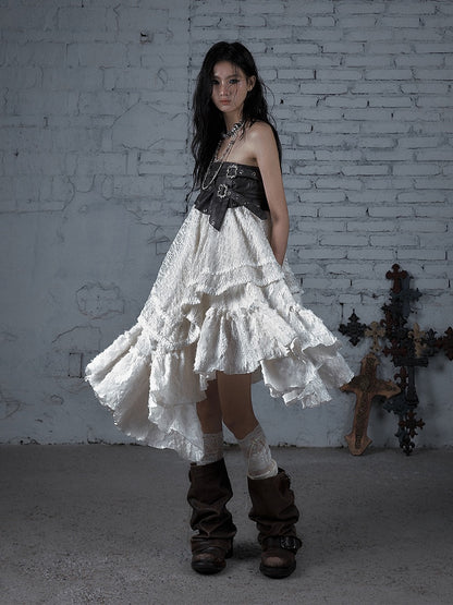 PU Lace Tiered Corset Hem Asymmetrical Convertible Dress/Skirt: Brown with White Strapless 2-in-1 Studded