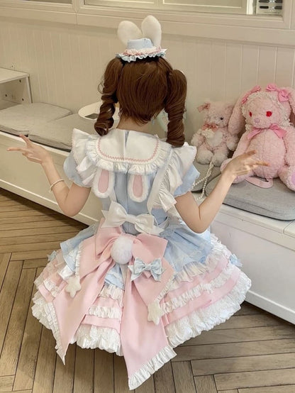 Lolita Blue Bunny Pink Maid and Puff Theme Sleeves Dress Sweet