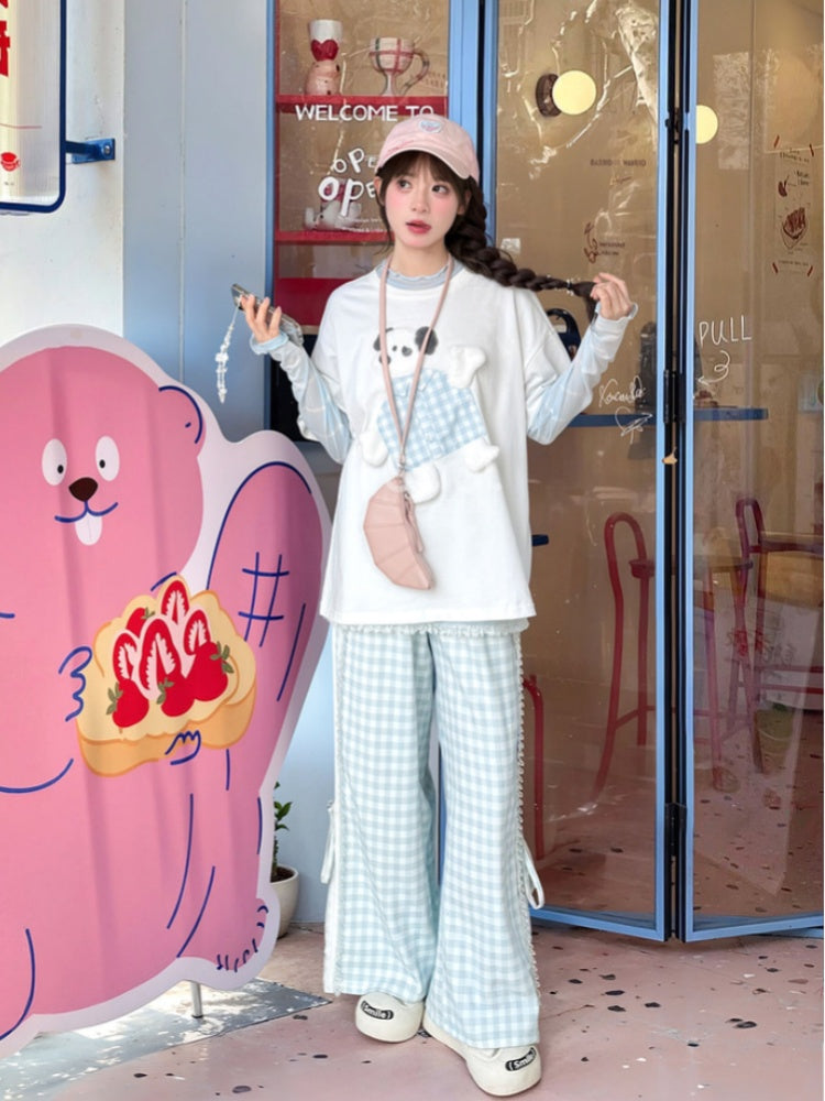 Loose Straight-Leg Pants Pockets Blue Anime Print Cargo