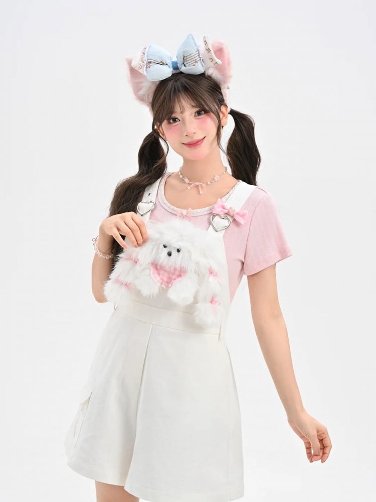 Puppy with White Heart Buckles Overalls Plushie Cute