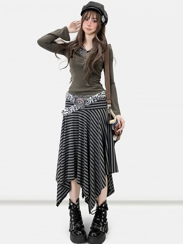 Striped Pattern Y2K Black Handkerchief Hem