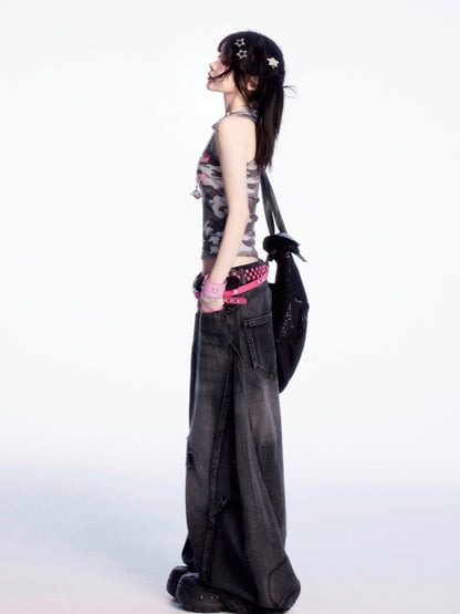 Vintage Waist Distressed Holes Black Low Wide-leg Jeans