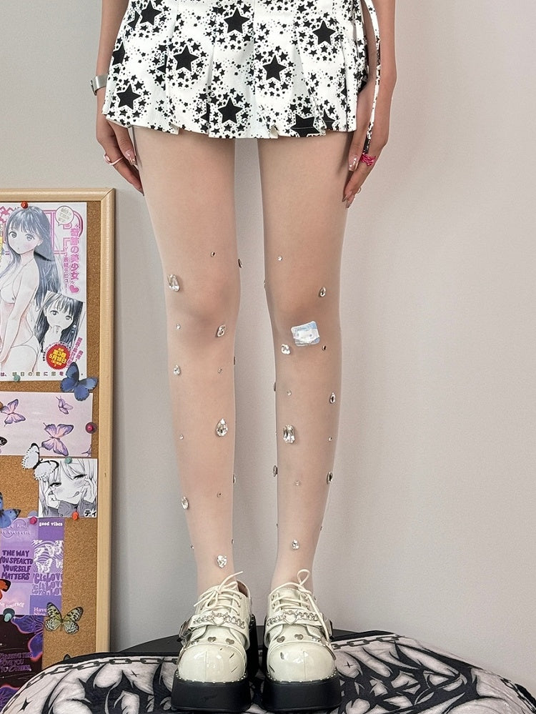 Nude/Weiße Y2K Strumpfhose mit Strassverzierung
