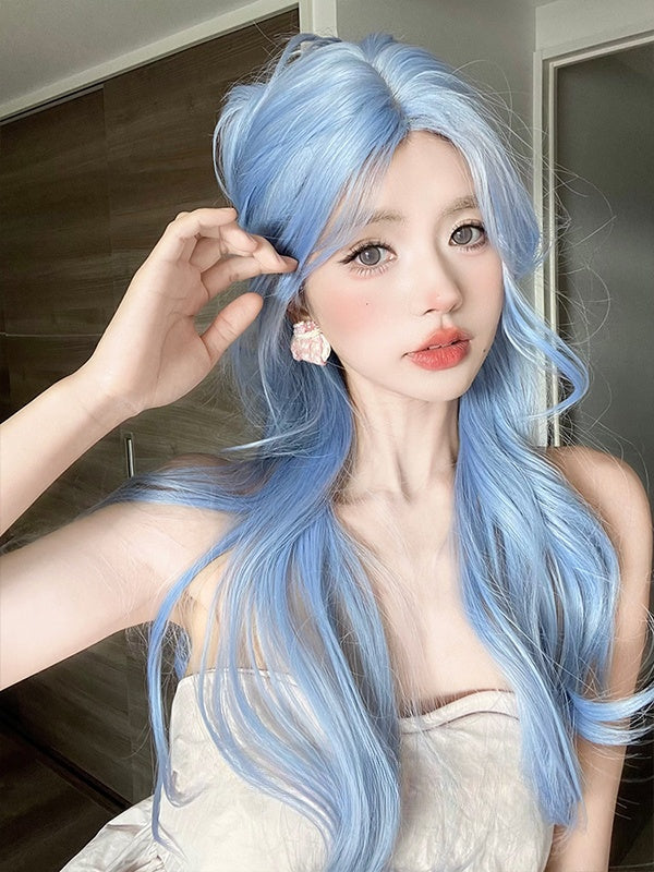 Blue Long Wavy Synthetic Wig With Curtain Bangs