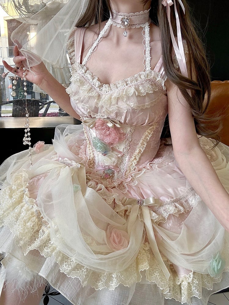 Robe princesse Lolita Hanayome à taille corset et baleines, motif floral rose
