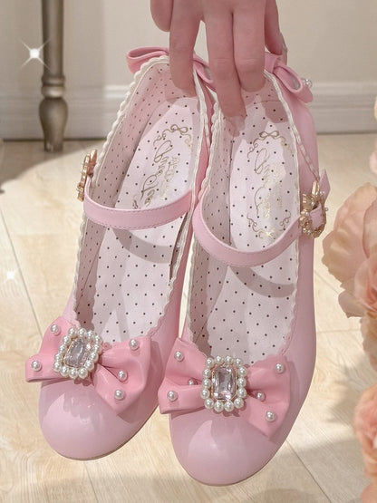 Schuhe Janes Bowknot Strass verziert und rund Mary Lolita Details Perlen Zehen rosa