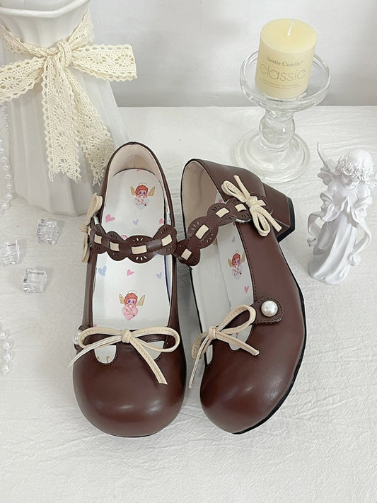 Round Decorated at Knotted Beaded Top Toe Chocolate Brown Bow