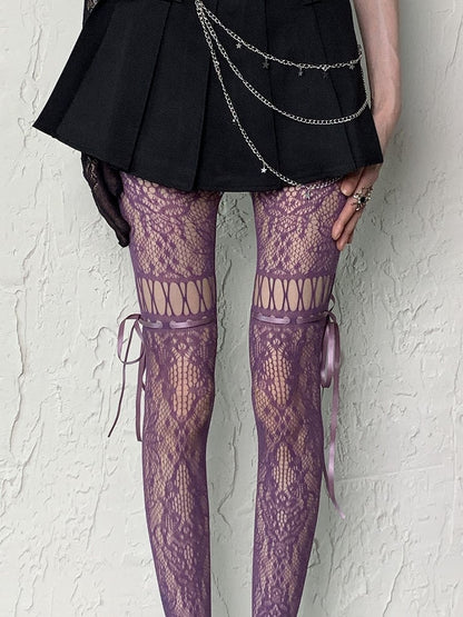 Cut-out Self-tie Coffee/Gray/Black/White/Purple/Blue Y2K Floral Pattern Design Tights Straps