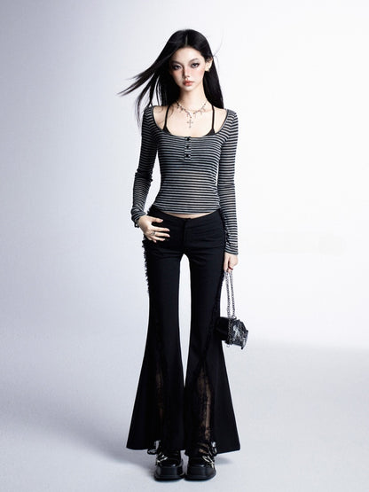 Round Neck Vintage Black and Grey Striped Pattern Top