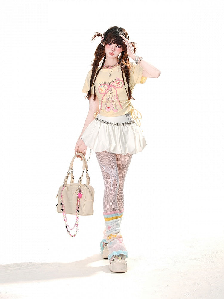 Glamorous Bowknot Black/Yellow/Pink Cropped T-Shirt Drawstring Waist Accent