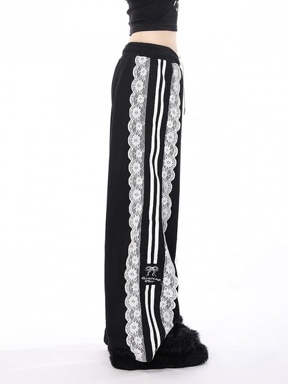 White/Black/Blue Wide-Leg Pants with Lace Trim and Bow Embroidery