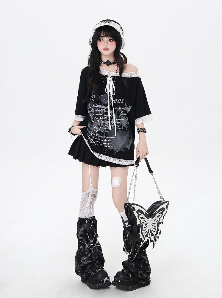 Black/White Graphic T-Shirt Hem Patches Asymmetrical Lace-up Neckline Lace