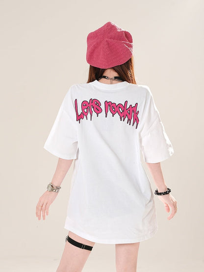 Weiß/Schwarzes lockeres T-Shirt mit Rundhalsausschnitt und Anime-Mädchen-Print