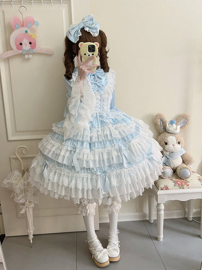Bell Skirt Bows Tiered Ruffle Lolita Decorated Dress Blue Sleeves Long