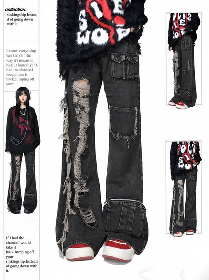 Black Faded Wash Distressed Multi-Pockets Jeans with Raw Hem