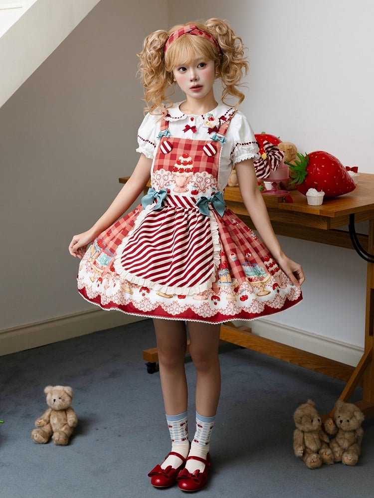 Robe salopette Sweet Lolita rouge cerise et dessert