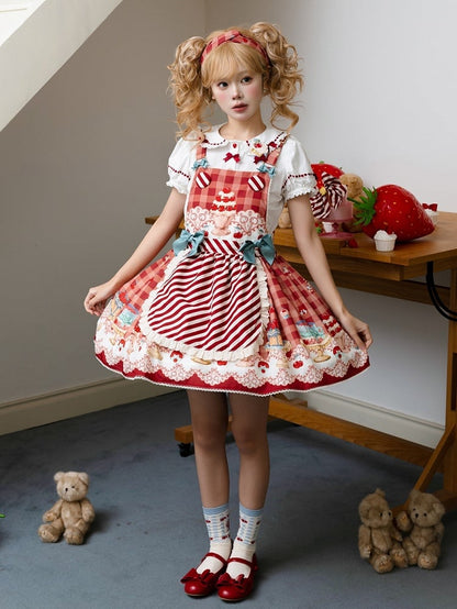 Robe salopette Sweet Lolita rouge cerise et dessert
