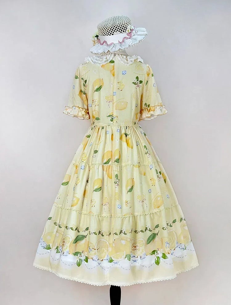 and Spring Chick Dress Sleeves Short Summer for Print Lolita Lemon Yellow